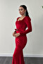 Velvet Fabric Heart Collar Fishnet Dress - RED - 4