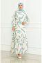 Patterned Belted Linen Dress 0471A-04 Beige Green - 4
