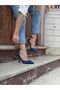 Navy Blue Satin Ankle Stone 11 Cm Champagne Heel Bracelet Women's Heeled Shoes