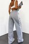 Women's Gray Compact Combed Cotton High Waist Stripe Wide Leg Seasonal Sweatpants - 7