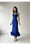 Cobalt Blue Asymmetrical Curved Midi Dress with Skirt - 3