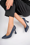 Genuine Leather Navy Blue Women's Heeled Leather Shoes Shn-0861