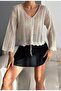 Women's V-Neck Gathered Openwork Seasonal Perforated Sweater Blouse 100% Cotton