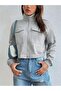 Women's Mock Neck Pocketed Grey Cropped Jacket - Cardigan - 4