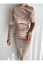Long Sleeve and Draped Turtleneck Velvet Dress - 3