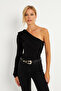Women's Black Cross Neck Single Sleeve Snap Body B5009 - 5