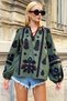 Khaki Boat Neck Tassel Detailed Embroidered Balloon Sleeve Woven Blouse Alc-X9279