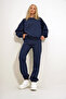 Navy Blue Crew Neck Two-Thread Basic Tracksuit Set with Elastic Waist and Cuffs ALC-507-669-001 - 3