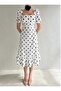 Women's White Polka Dot Patterned Square Neck Lined Maxi Height Premium Dress - 2