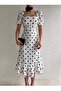 Women's White Polka Dot Patterned Square Neck Lined Maxi Height Premium Dress - 3
