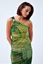 Khaki Midi Tulle Dress - Single Shoulder Drape Pattern - 4