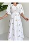Yellow Flower Embroidery White Balloon Sleeve Belt Dress - 6