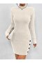 Corded Model Button Detailed Chief Collar Slit Comfortable Fit Knitwear Dress
