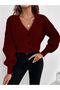 Embossed Patterned Sleeves V-Neck Buttoned Knitwear Crop Cardigan Burgundy Color