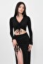 Women's Black Adjustable Gathered Slit Skirt & Crop Blouse Set