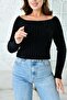 Boat Neck Crop Cut Long Sleeve Beard Knit Black Short Crop Sweater 1049 - 2