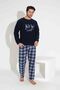 Men's Navy Blue Plaid Patterned Long Sleeve Father-Sohn Fleece Fabric Winter Warm Pajamas Set - 2