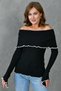 Women's Sleeve Detail Madonna Neck Long Sleeve Black Blouse 1028