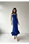Cobalt Blue Asymmetrical Curved Midi Dress with Skirt - 6