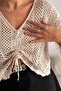 Women's V-Neck Gathered Openwork Seasonal Perforated Sweater Blouse 100% Cotton - 4