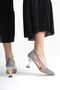 Platinum Gray Thick Heel Stiletto-Evening Dress Heeled Shoes Scalloped Feet Size 1 Take One Size Larger - 2