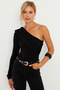 Women's Black Cross Neck Single Sleeve Snap Body B5009 - 4