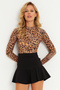 Women's Camel-Black Leopard Patterned Blouse with Back Detail Gç179 - 4
