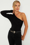 Women's Black Cross Neck Single Sleeve Snap Body B5009 - 7