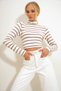 Women's Brown Half Fisherman Striped Knitted Crop Blouse Alc-X12631 - 3