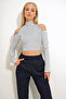 Women's White Half Turtleneck Shoulder Low-Cut Striped Blouse Alc-X12644 - 4