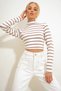 Women's Brown Half Fisherman Striped Knitted Crop Blouse Alc-X12631 - 2