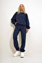 Navy Blue Crew Neck Two-Thread Basic Tracksuit Set with Elastic Waist and Cuffs ALC-507-669-001 - 4