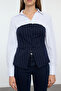 Strapless Navy Blue Striped Vest Woven Shirt - TWOAW25GO00054 - 3