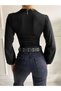 Women's Black V-Neck Deep Low-cut Waist Banded Crop Blouse - 3