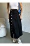Women's Buttoned Front Long Length Black Lycra Denim Skirt - 4
