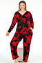 Plus Size Red Rose Pattern Viscose Pajamas Set - Long Sleeve, Top Button 11374 - 2