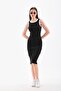 Black and White Piping Body-Fitting Sleeveless Knee-Length Ribbed Flexible Thick Strap Camisole Dress - 2
