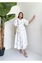 Yellow Flower Embroidery White Balloon Sleeve Belt Dress