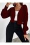 Embossed Patterned Sleeves V-Neck Buttoned Knitwear Crop Cardigan Burgundy Color - 3