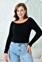 Boat Neck Crop Cut Long Sleeve Beard Knit Black Short Crop Sweater 1049 - 7