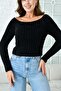 Boat Neck Crop Cut Long Sleeve Beard Knit Black Short Crop Sweater 1049 - 8