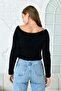 Boat Neck Crop Cut Long Sleeve Beard Knit Black Short Crop Sweater 1049 - 3
