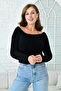 Boat Neck Crop Cut Long Sleeve Beard Knit Black Short Crop Sweater 1049 - 5