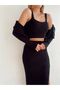 Women's Black Cardigan Crop Skirt Knitwear Set Acrylic - 5