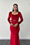 Velvet Fabric Heart Collar Fishnet Dress - RED - 3