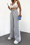 Women's Gray Compact Combed Cotton High Waist Stripe Wide Leg Seasonal Sweatpants - 5