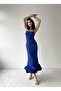 Cobalt Blue Asymmetrical Curved Midi Dress with Skirt - 5