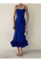 Cobalt Blue Asymmetrical Curved Midi Dress with Skirt - 8