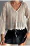 Women's V-Neck Gathered Openwork Seasonal Perforated Sweater Blouse 100% Cotton - 2