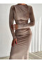 Long Sleeve and Draped Turtleneck Velvet Dress - 5